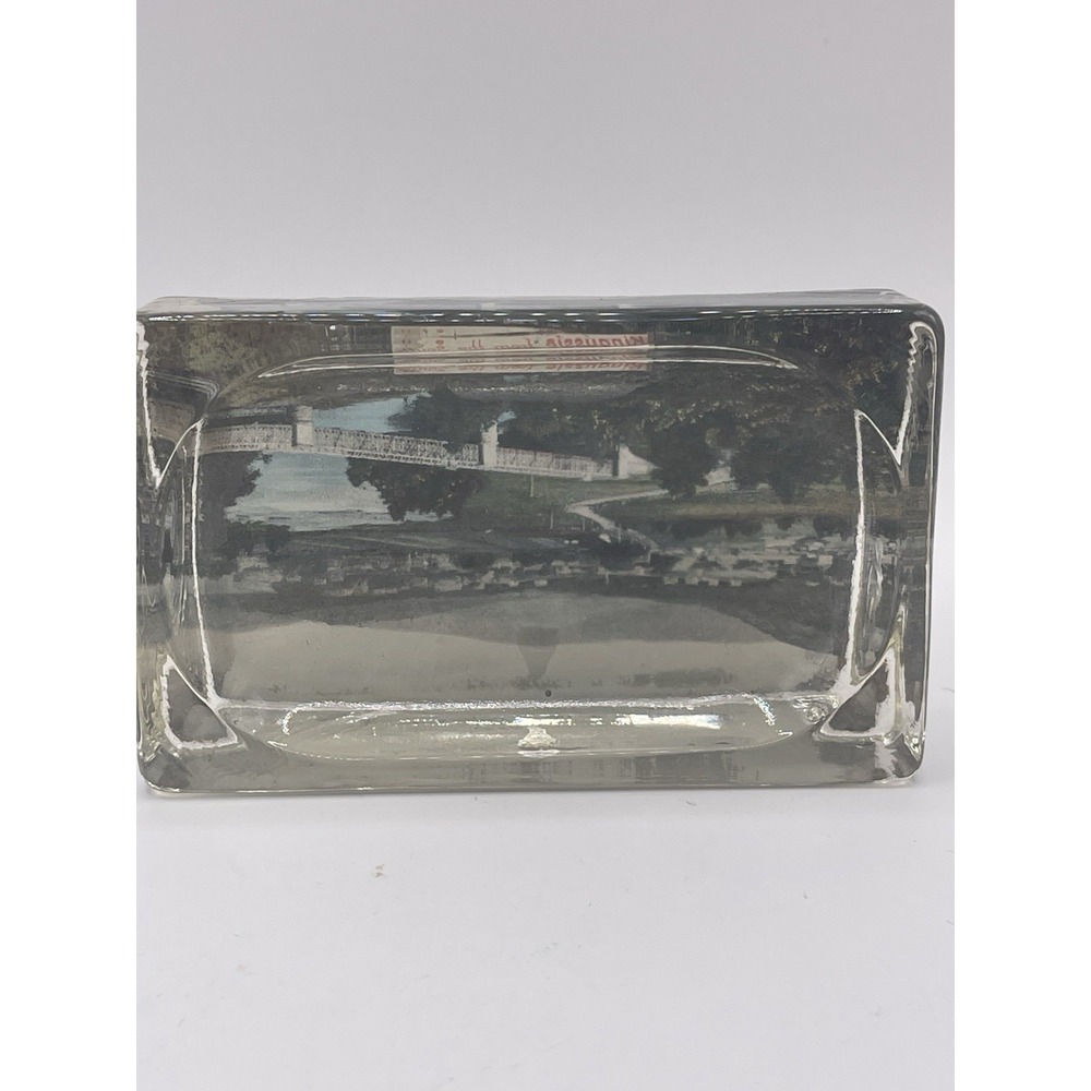 Vintage Glass Photo Paperweight Desk Block Scenic Landscape Felt Base Mid